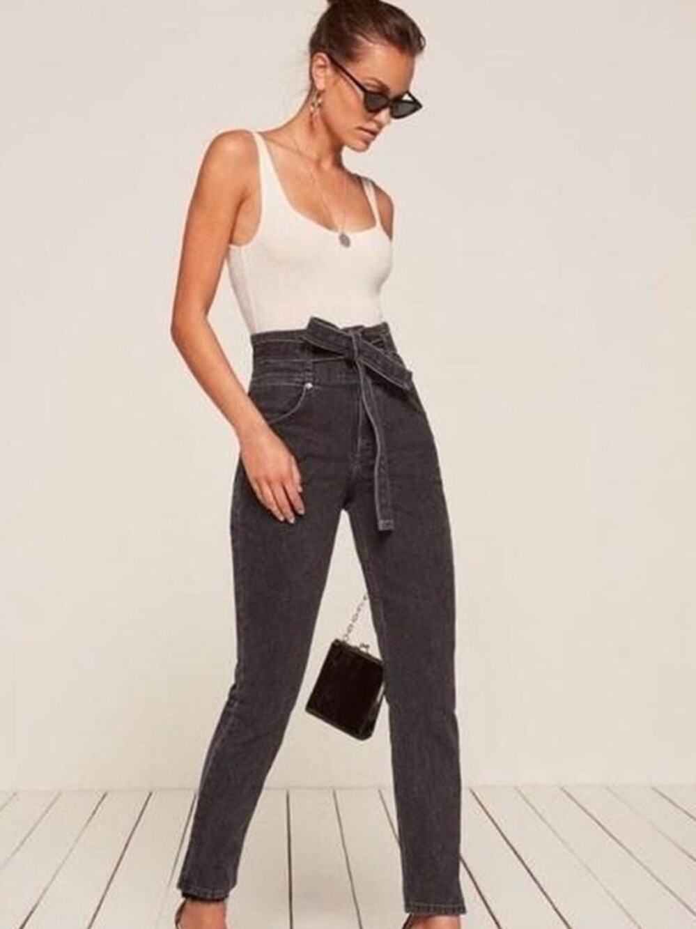 Reformation Women’s Belted Jean Black Pacific Wash High Waist Cropped Denim 24